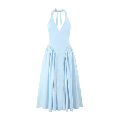 Ruched Open Back Halter V-Neck A-Line Dress - Altfashion Shop