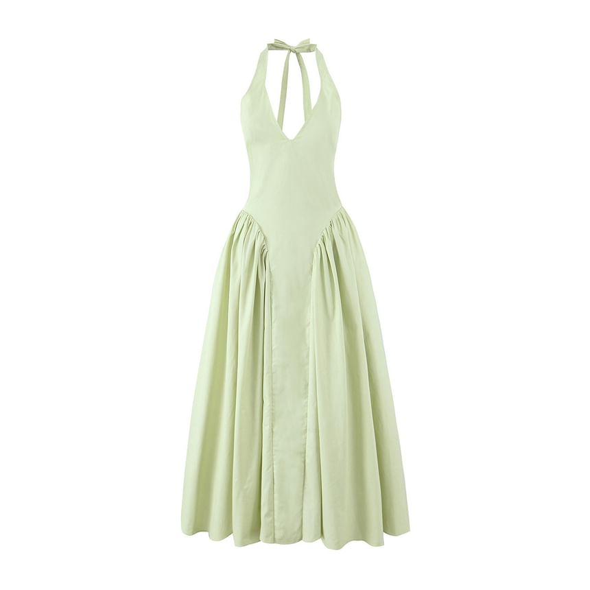 Ruched Open Back Halter V-Neck A-Line Dress - Altfashion Shop