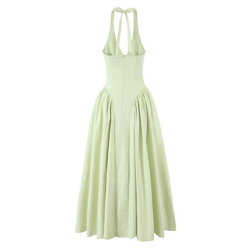 Ruched Open Back Halter V-Neck A-Line Dress - Altfashion Shop