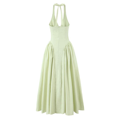 Ruched Open Back Halter V-Neck A-Line Dress - Altfashion Shop