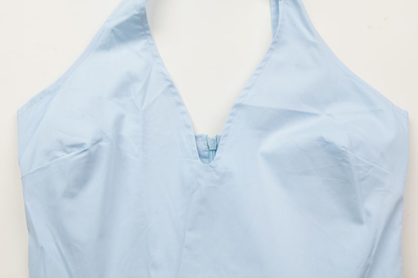 Ruched Open Back Halter V-Neck A-Line Dress - Altfashion Shop
