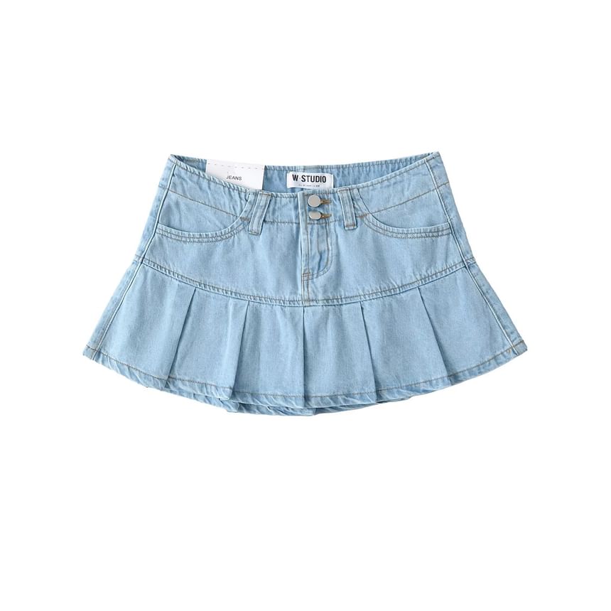 Low Rise Pleated Denim Mini A-Line Skort