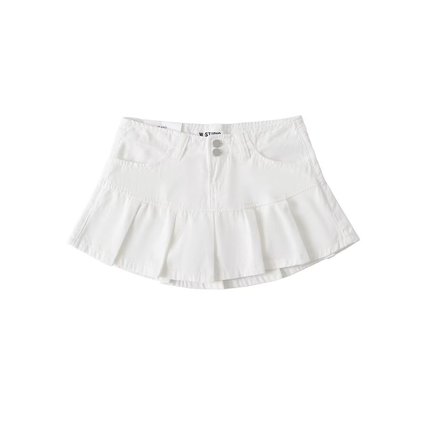 Low Rise Pleated Denim Mini A-Line Skort