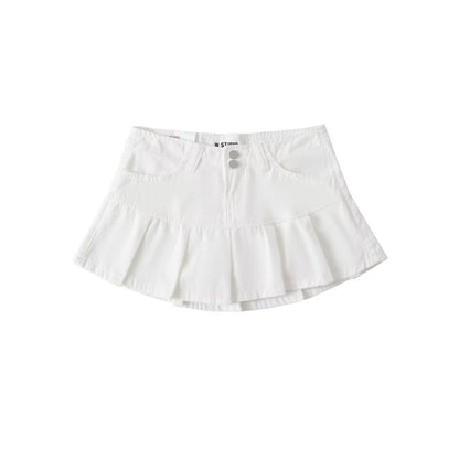 Low Rise Pleated Denim Mini A-Line Skort
