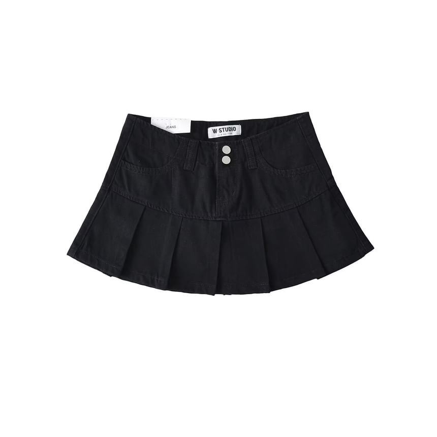 Low Rise Pleated Denim Mini A-Line Skort