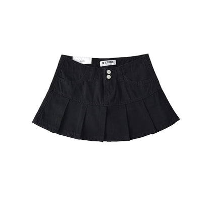 Low Rise Pleated Denim Mini A-Line Skort