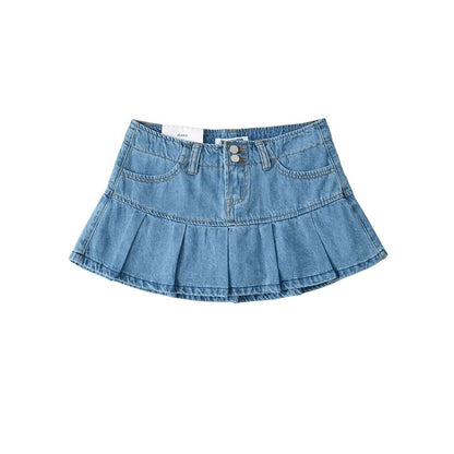 Low Rise Pleated Denim Mini A-Line Skort