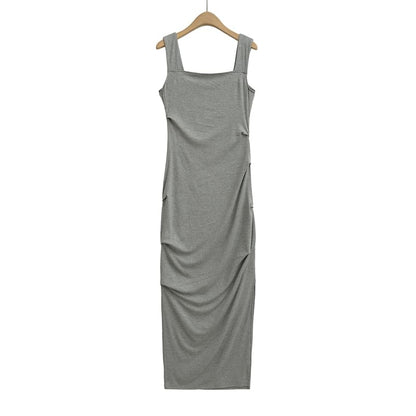 Square Neck Ruched Sleeveless Sheath Dress - Altfashion Shop