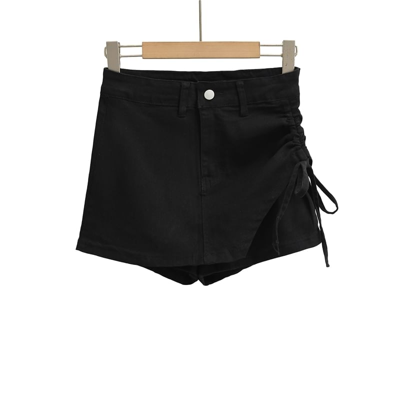 High Waist Drawstring Mini Denim Skort