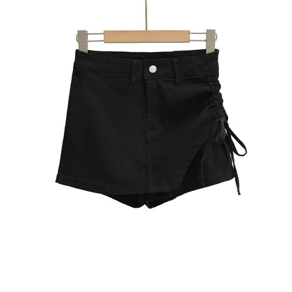 High Waist Drawstring Mini Denim Skort