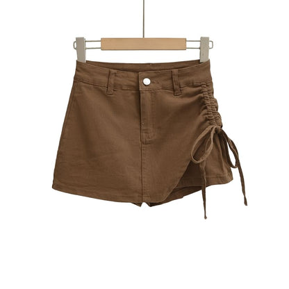 High Waist Drawstring Mini Denim Skort
