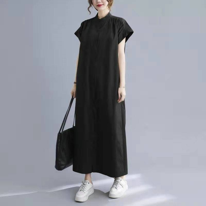 Stand Collar Short-Sleeve Maxi Dress - Altfashion Shop