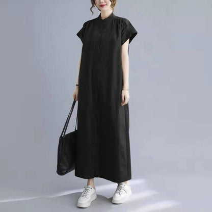 Stand Collar Short-Sleeve Maxi Dress - Altfashion Shop