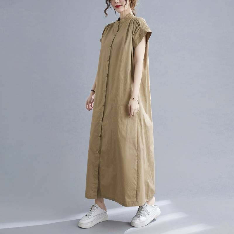 Stand Collar Short-Sleeve Maxi Dress - Altfashion Shop