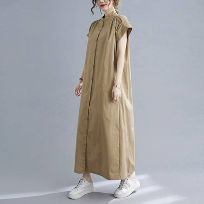 Stand Collar Short-Sleeve Maxi Dress - Altfashion Shop