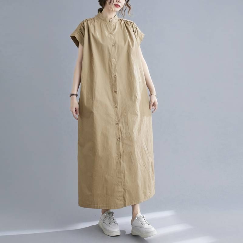 Stand Collar Short-Sleeve Maxi Dress - Altfashion Shop