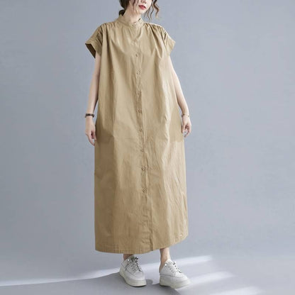 Stand Collar Short-Sleeve Maxi Dress - Altfashion Shop
