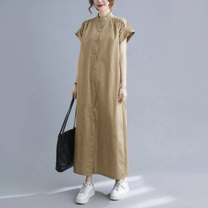 Stand Collar Short-Sleeve Maxi Dress - Altfashion Shop