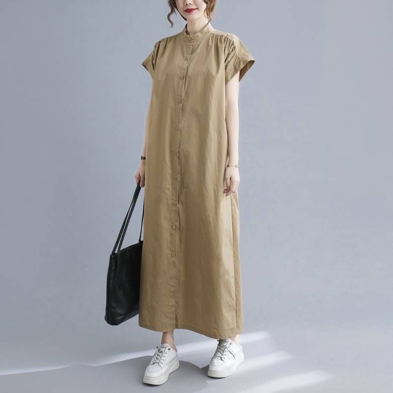 Stand Collar Short-Sleeve Maxi Dress - Altfashion Shop