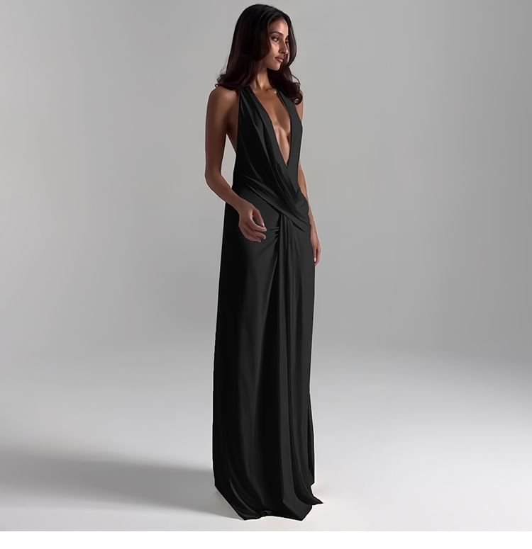 Plunged Sleeveless Sheath Maxi Dress - Altfashion Shop