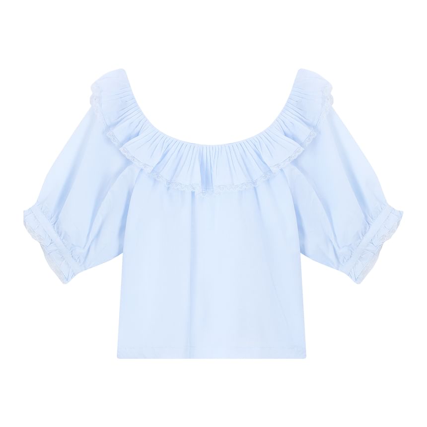 Elbow Sleeve Scoop Neck Ruffle Lace Blouse