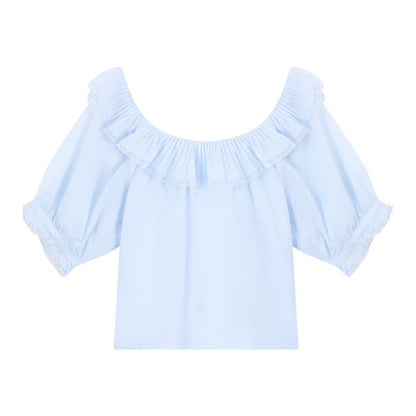 Elbow Sleeve Scoop Neck Ruffle Lace Blouse