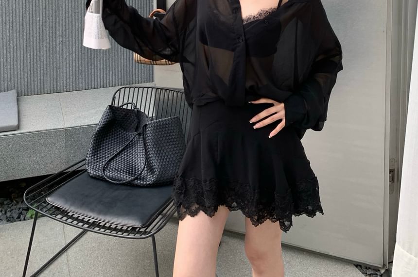 Set: Lace Blouse + Mini Skirt + Bra Top