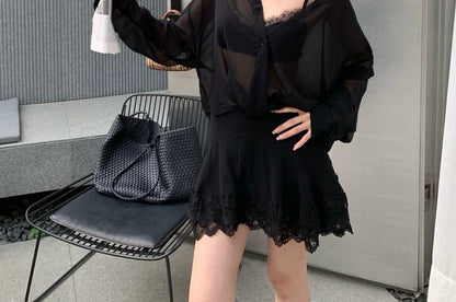 Set: Lace Blouse + Mini Skirt + Bra Top