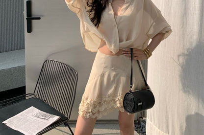 Set: Lace Blouse + Mini Skirt + Bra Top