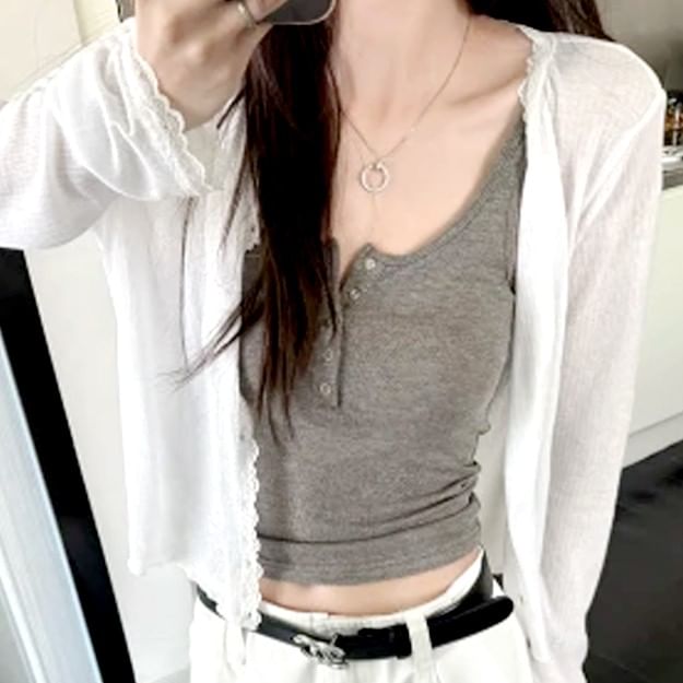 V-Neck Lace Trim Cardigan