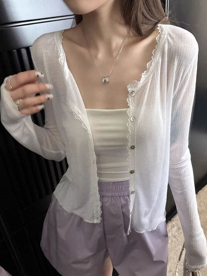 V-Neck Lace Trim Cardigan