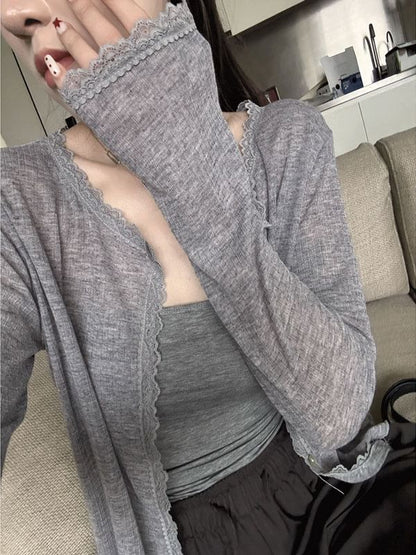 V-Neck Lace Trim Cardigan