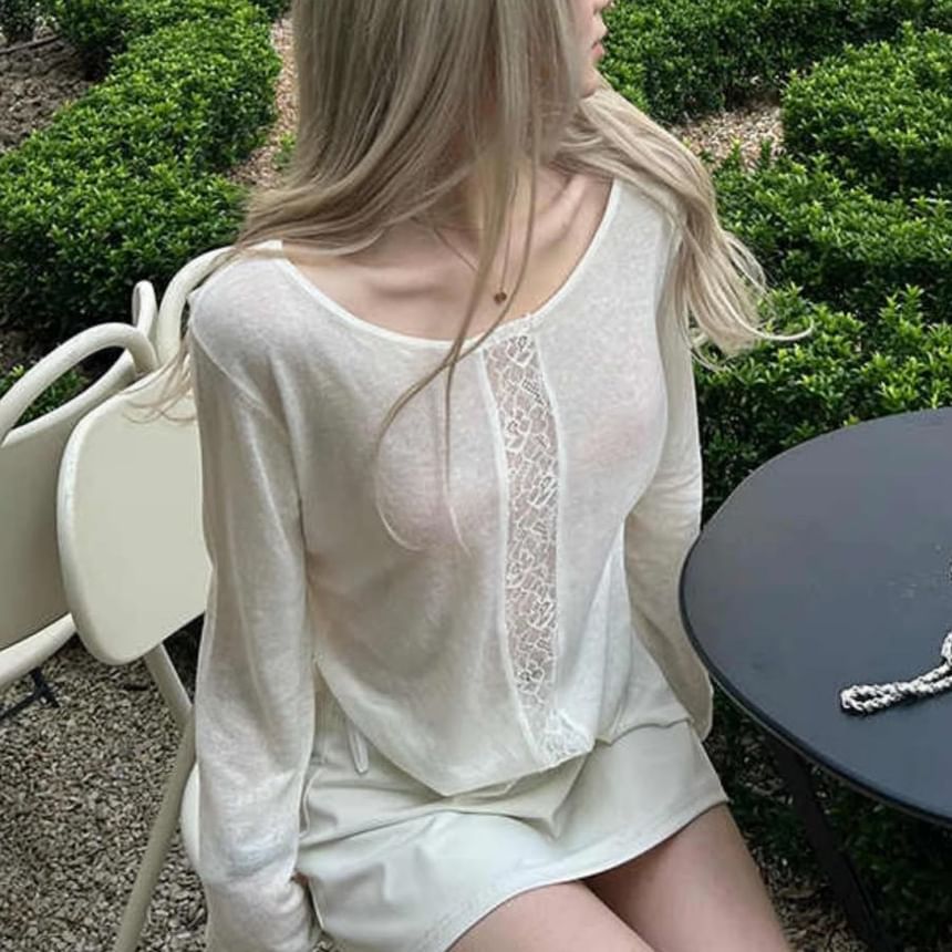Boat Neck Lace Panel Long Sleeve Top