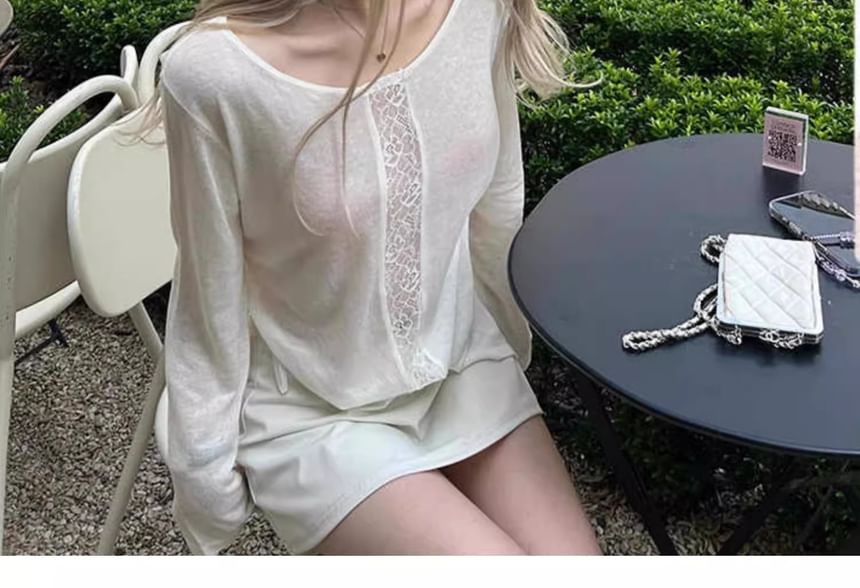 Boat Neck Lace Panel Long Sleeve Top