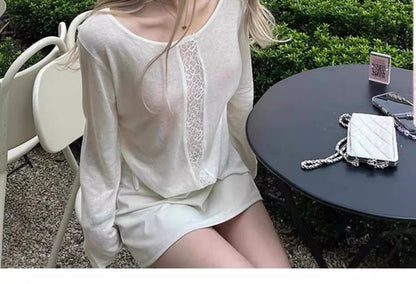 Boat Neck Lace Panel Long Sleeve Top