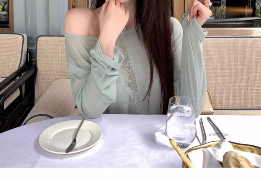 Boat Neck Lace Panel Long Sleeve Top