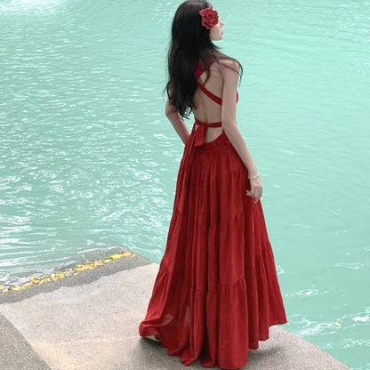 Halter Open Back Slit A-Line Maxi Dress - Altfashion Shop