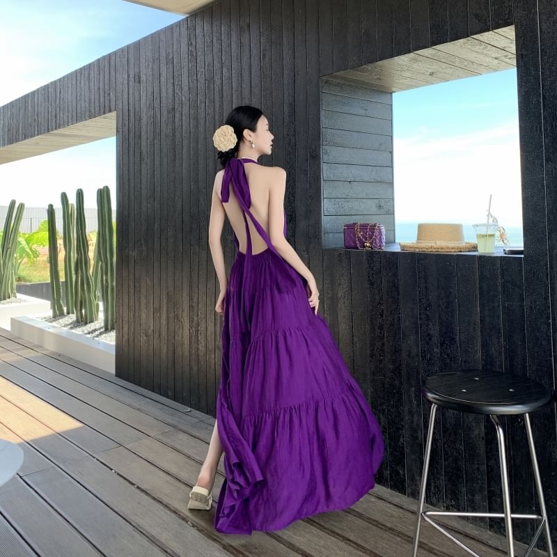 Halter Open Back Slit A-Line Maxi Dress - Altfashion Shop