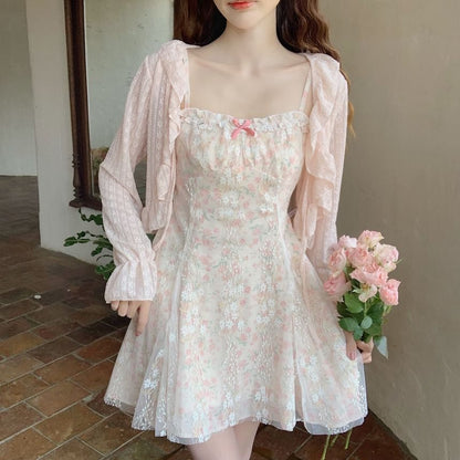 Lace Cropped Light Jacket with Ruffle Trim & Tie Front
