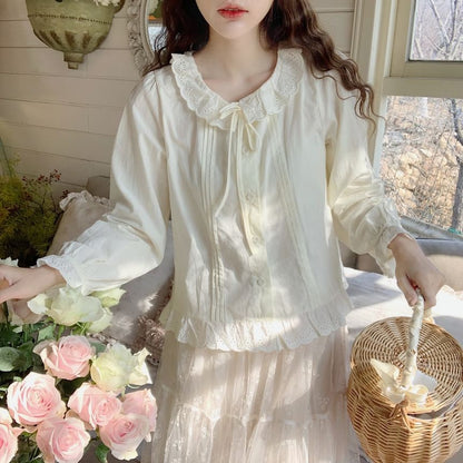 Plain Button-Up Blouse with Ruffle Collar & Lace Trim, Long-Sleeved