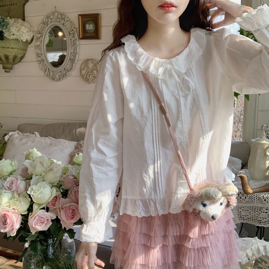 Plain Button-Up Blouse with Ruffle Collar & Lace Trim, Long-Sleeved