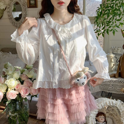 Plain Button-Up Blouse with Ruffle Collar & Lace Trim, Long-Sleeved