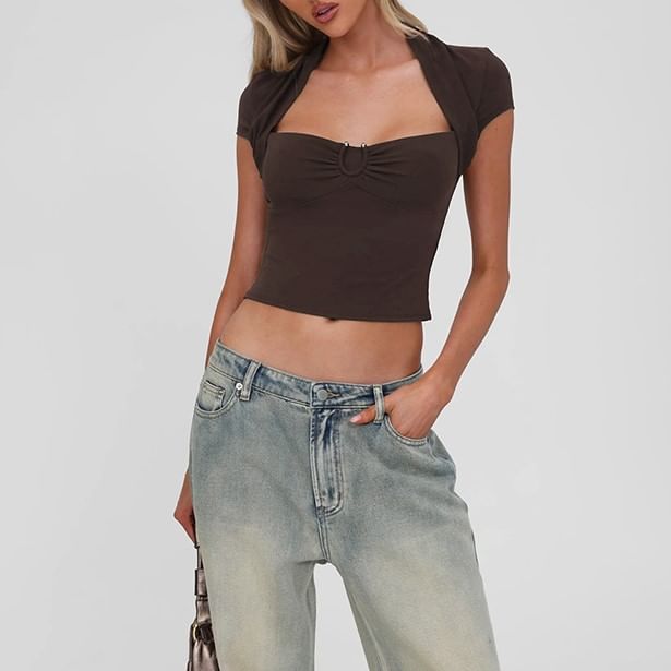 Plain Queen Anne Cropped Short-Sleeved Top & Hot Pants Set