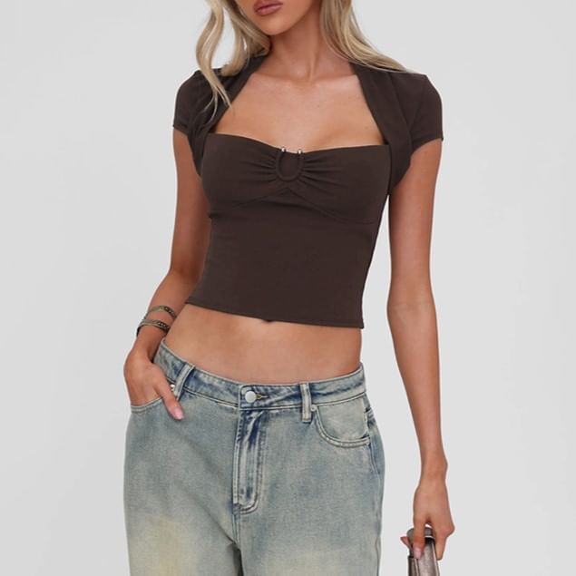 Plain Queen Anne Cropped Short-Sleeved Top & Hot Pants Set