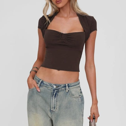 Plain Queen Anne Cropped Short-Sleeved Top & Hot Pants Set