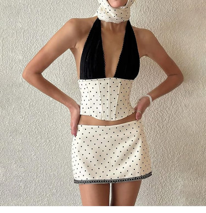 Dotted Sleeveless Cropped Corset Top with Mini Skirt