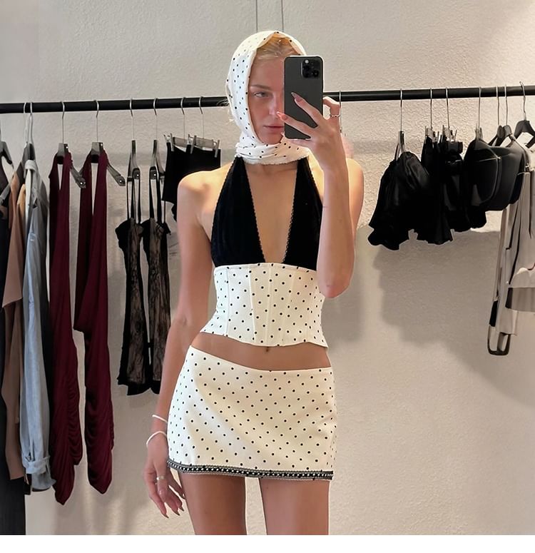 Dotted Sleeveless Cropped Corset Top with Mini Skirt