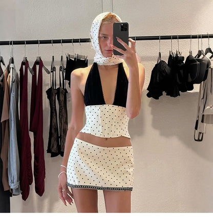 Dotted Sleeveless Cropped Corset Top with Mini Skirt