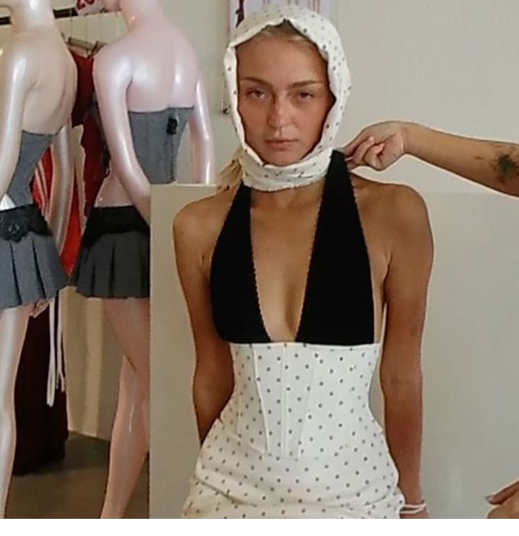Dotted Sleeveless Cropped Corset Top with Mini Skirt