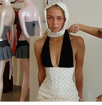 Dotted Sleeveless Cropped Corset Top with Mini Skirt
